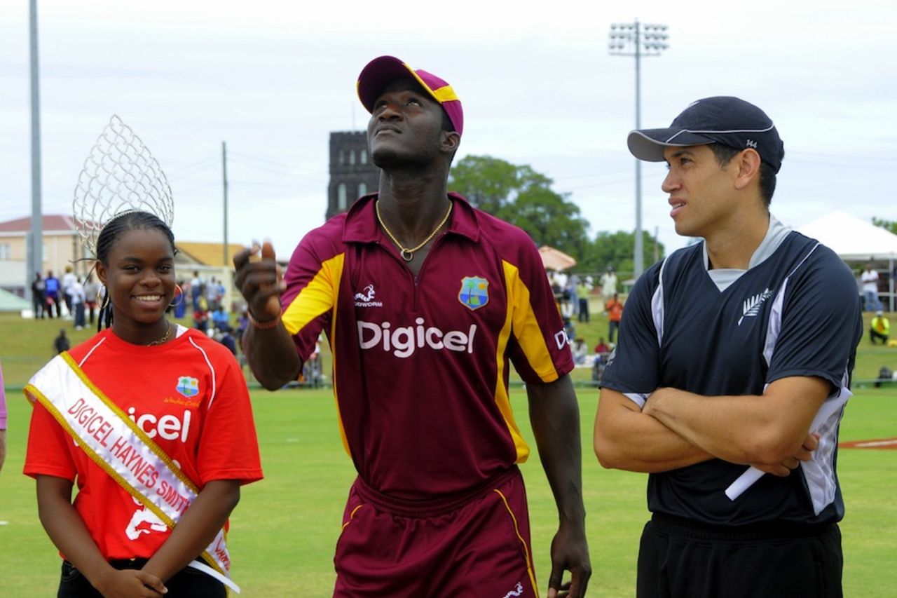 Darren Sammy and Ross Taylor at the toss, West Indies v New Zealand, 4th ODI, Basseterre, July 14, 2012