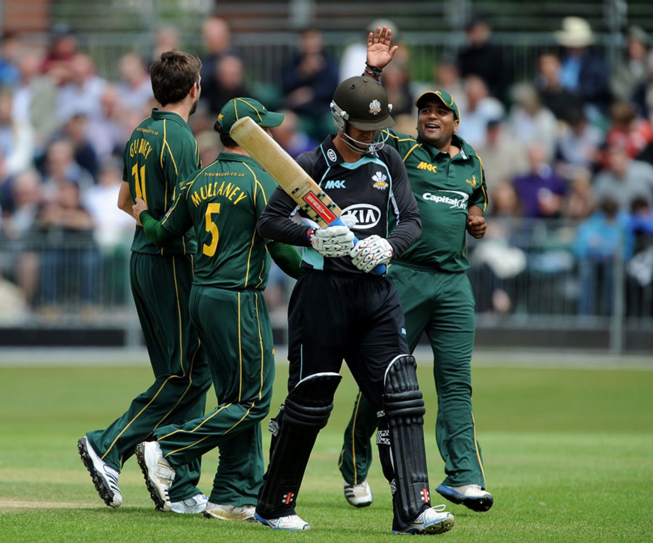 Nottinghamshire celebrate another wicket during Surrey's collapse, Surrey v Nottinghamshire, CB40, Guildford, July 15, 2012