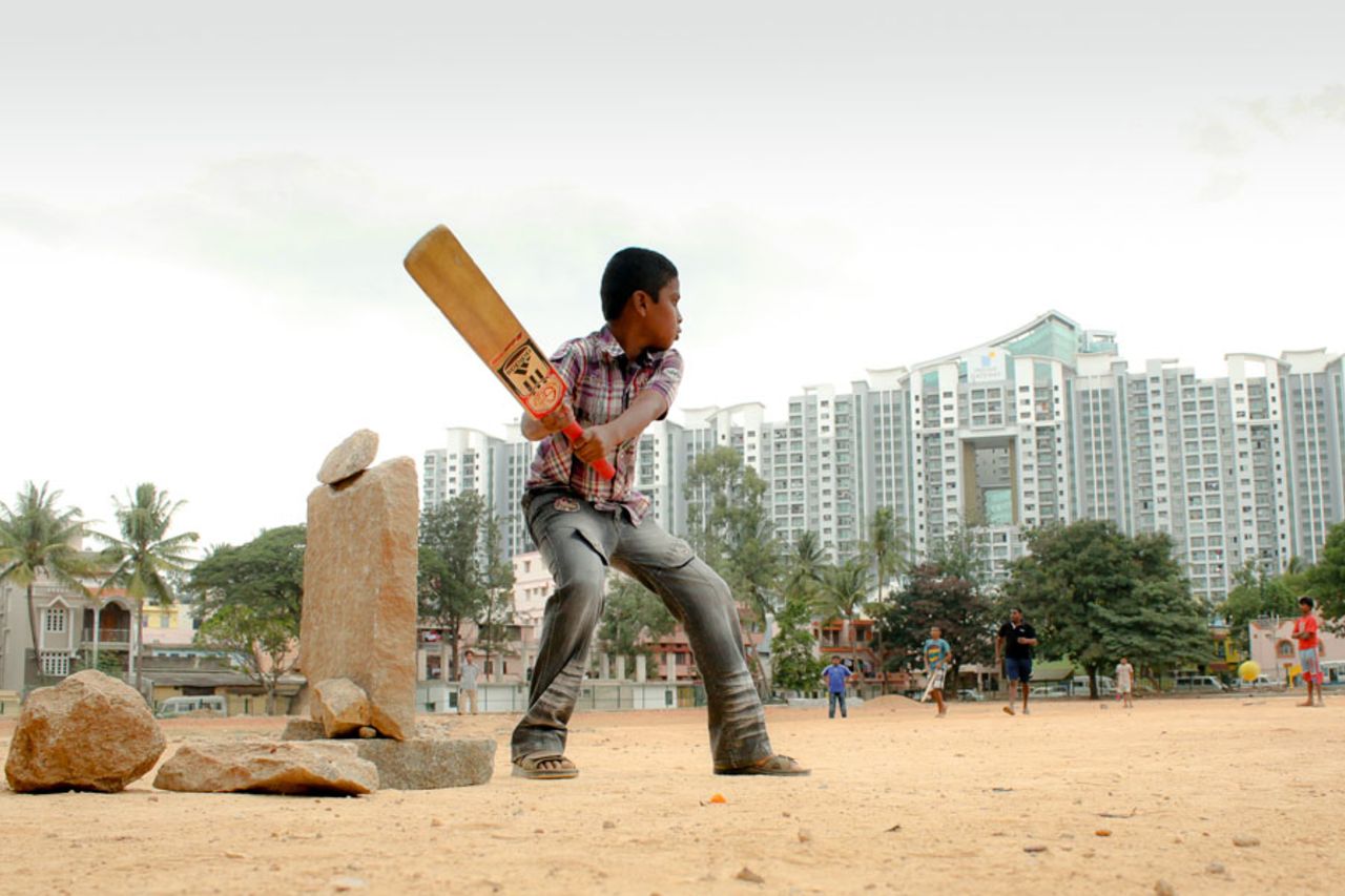 Kids put together a rather elaborate set of stumps for an afternoon of cricket at a ground in Malleswaram, which was once upon a time a lake in Bangalore