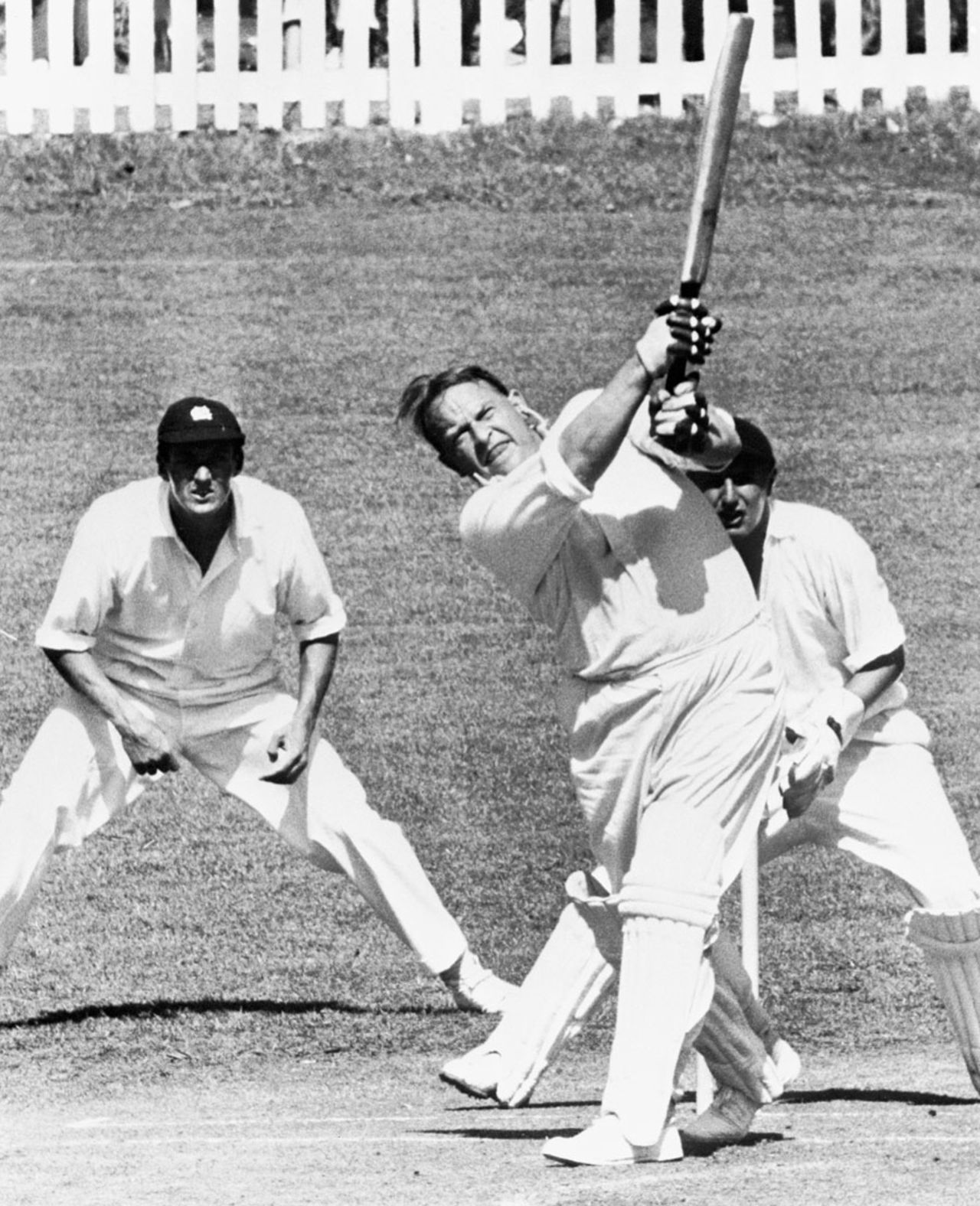 Lord Cobham lofts one to the leg side while MCC keeper Jim Parks looks on, Governor-General's XI v MCC, 3rd day, Auckland, February 27, 1961