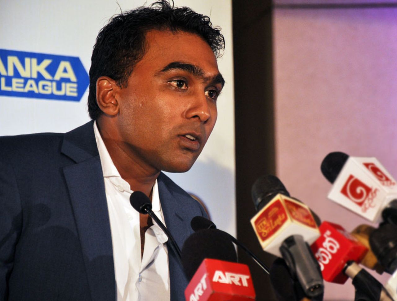 Mahela Jayawardene talks to the press at the launch of the inaugural Sri Lanka Premier League, Colombo, July 16, 2012