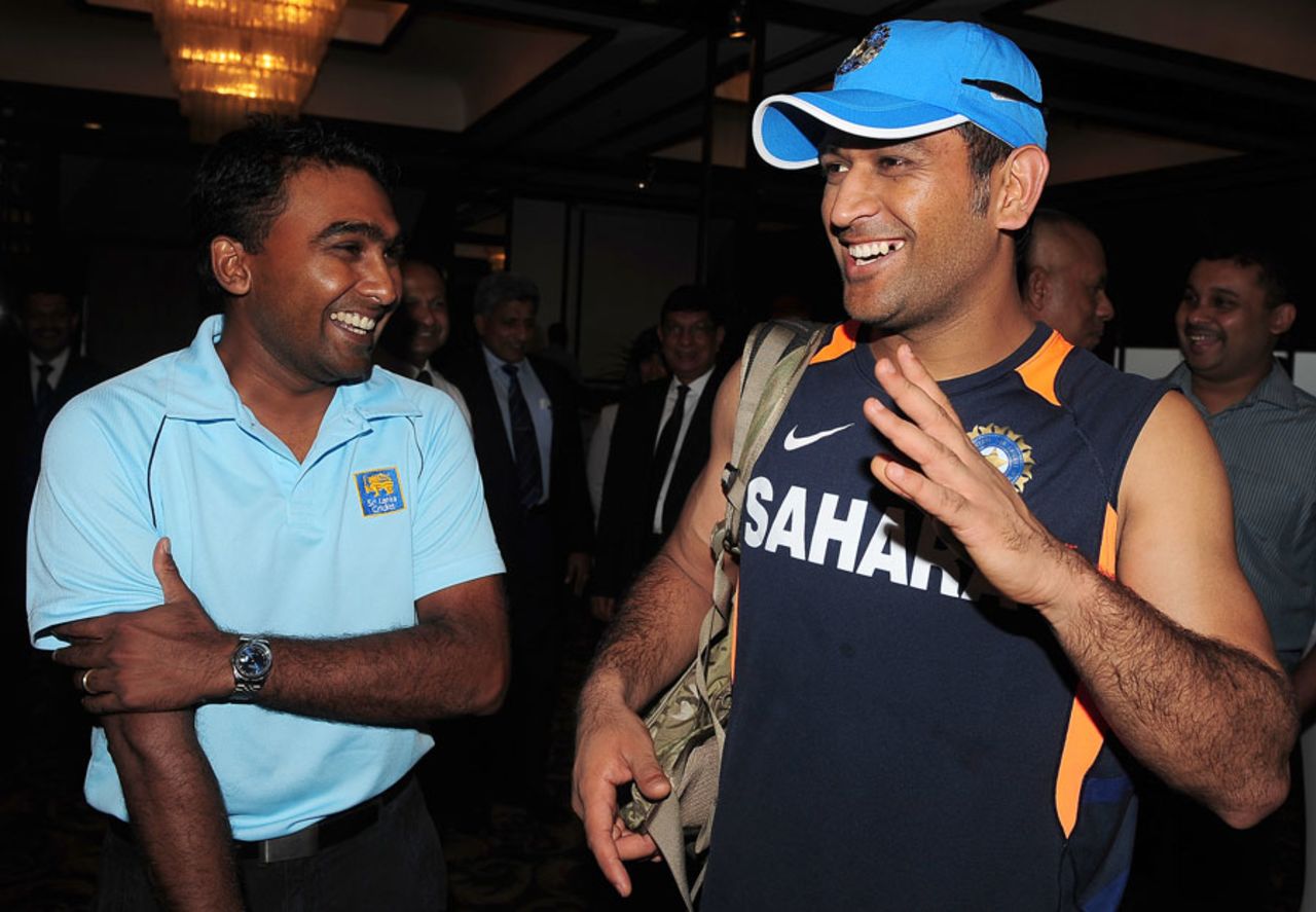 Mahela Jayawardene and MS Dhoni share a laugh at a press conference, Colombo, July 18, 2012