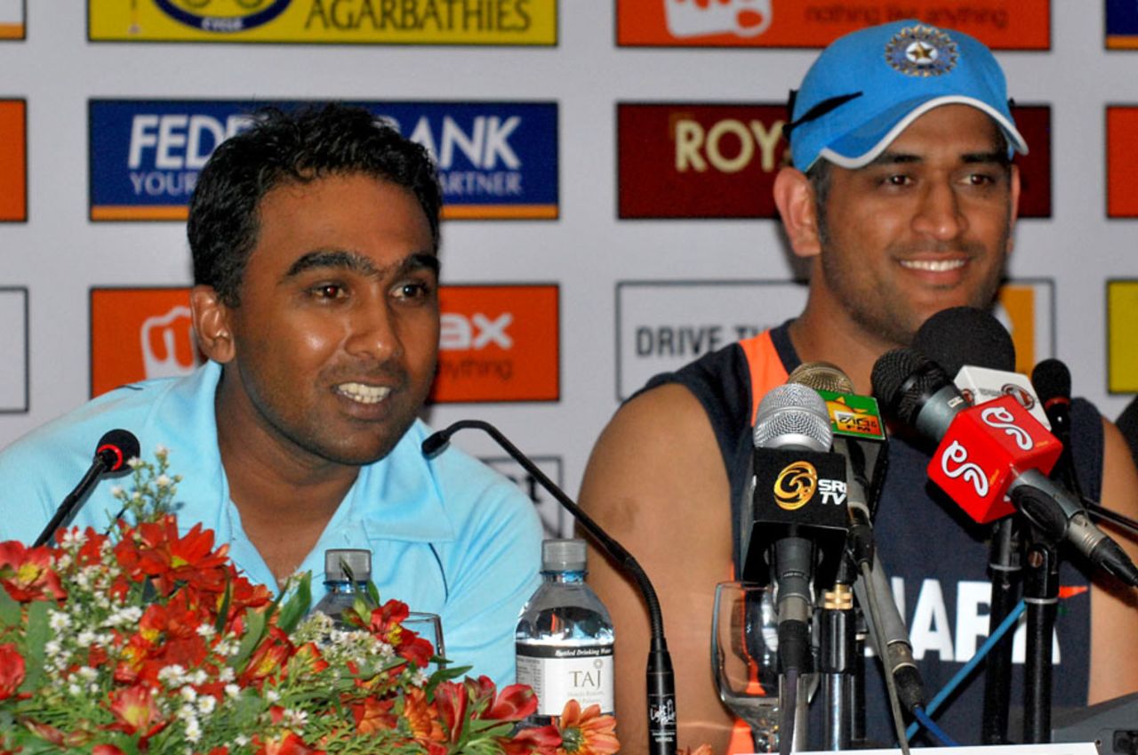 Mahela Jayawardene and MS Dhoni at a press conference in Colombo, July 18, 2012