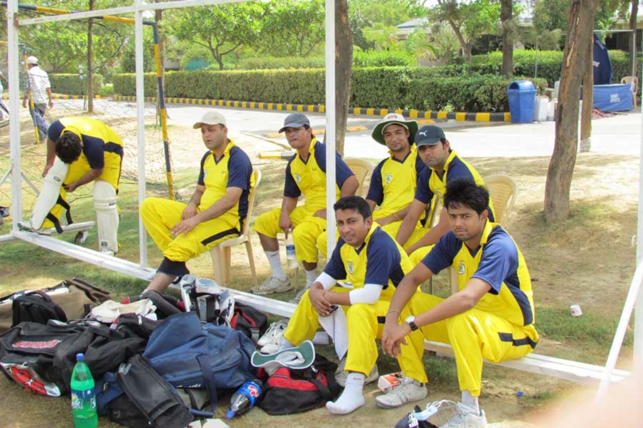 Player relax in the makeshit pavilion at the ITM University ground Gurgaon, Delhi. Submitted by: <b>Dinesh Mehta</b>