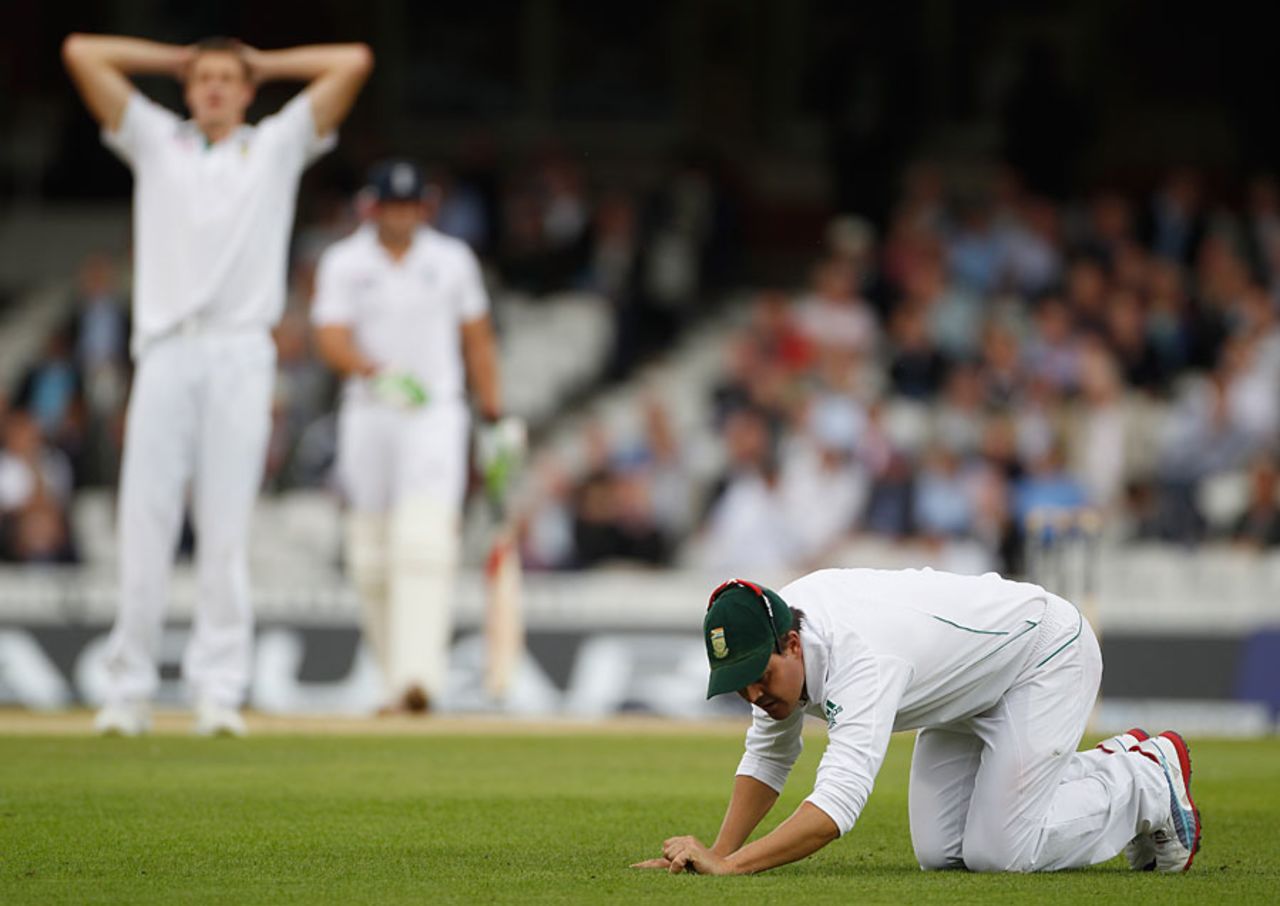 Jacques Rudolph spilled a low chance given by Matt Prior, England v South Africa, 1st Investec Test, The Oval, 2nd day, July 20, 2012