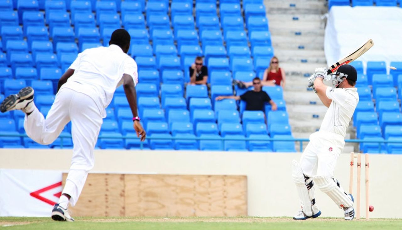 Daniel Flynn was bowled by Delorn Johnson for 14, West Indies Cricket Board President's XI v New Zealanders, Day one, Antigua, July 20, 2012