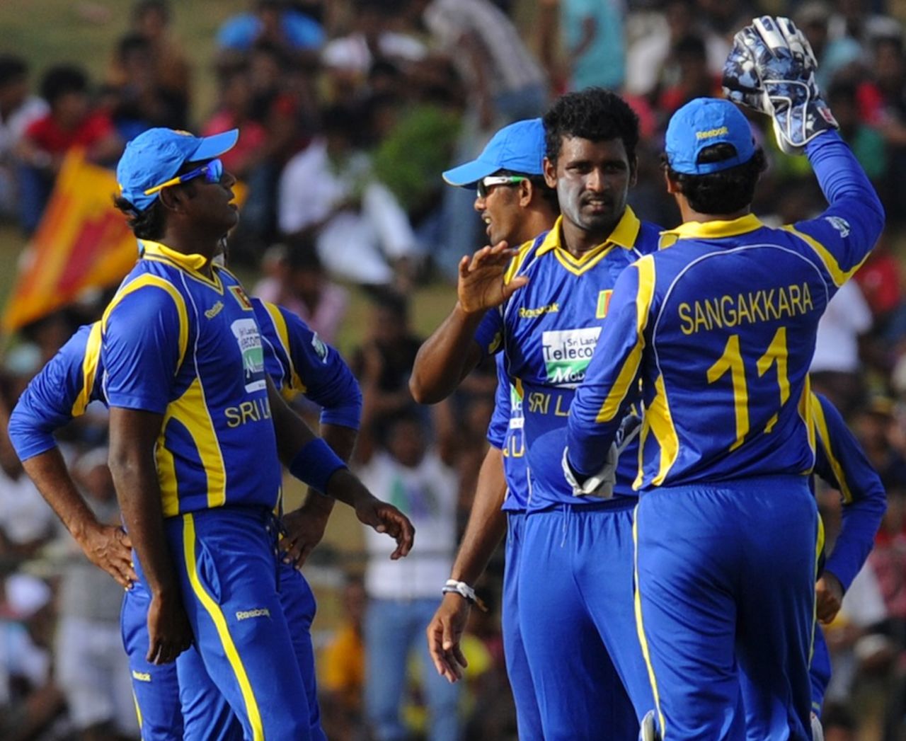 Thisara Perera celebrates the wicket of Virat Kohli, Sri Lanka v India, 1st ODI, Hambantota, July 21, 2012  