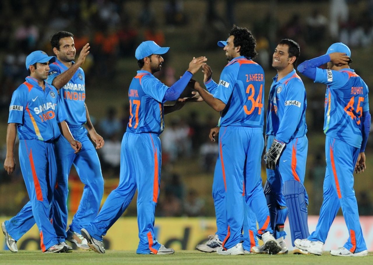 Indian players celebrate a fall of wicket, Sri Lanka v India, 1st ODI, Hambantota, July 21, 2012