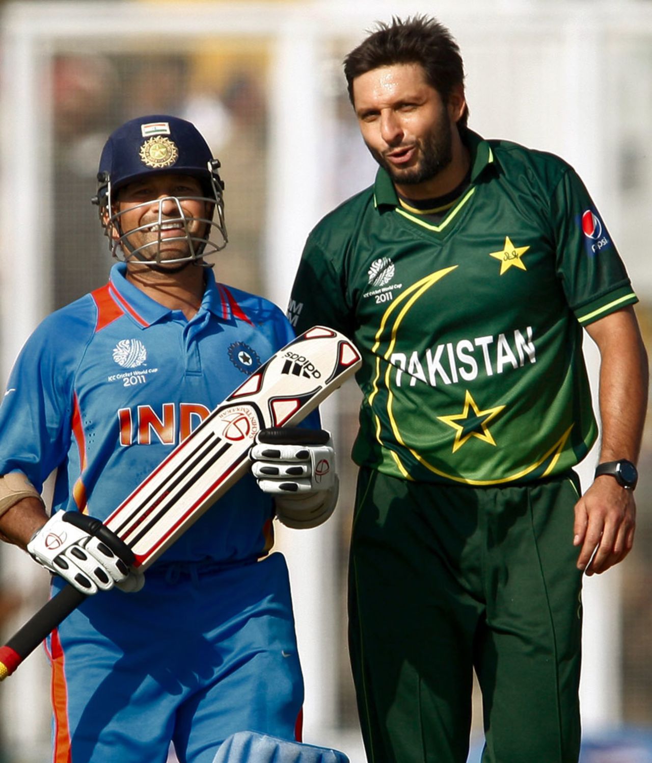 Shahid Afridi and Sachin Tendulkar share a laugh, India v Pakistan, 2nd semi-final, World Cup 2011, Mohali, March 30, 2011