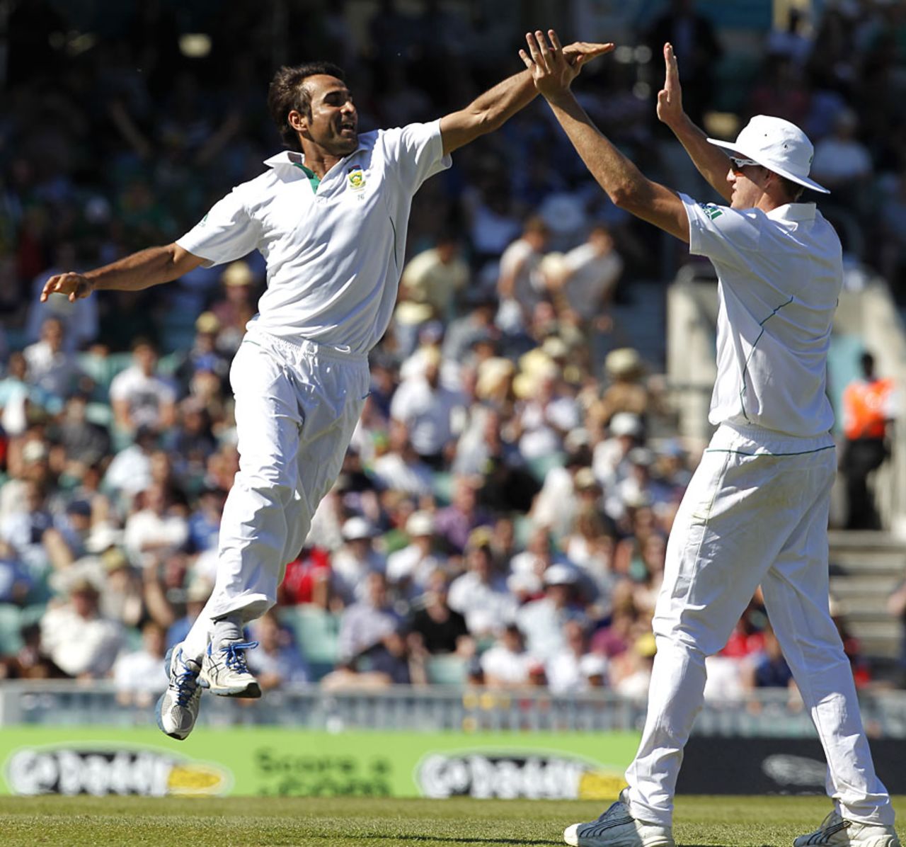 Another leap of celebration from Imran Tahir, England v South Africa, 1st Test, The Oval, 5th day, July 23, 2012