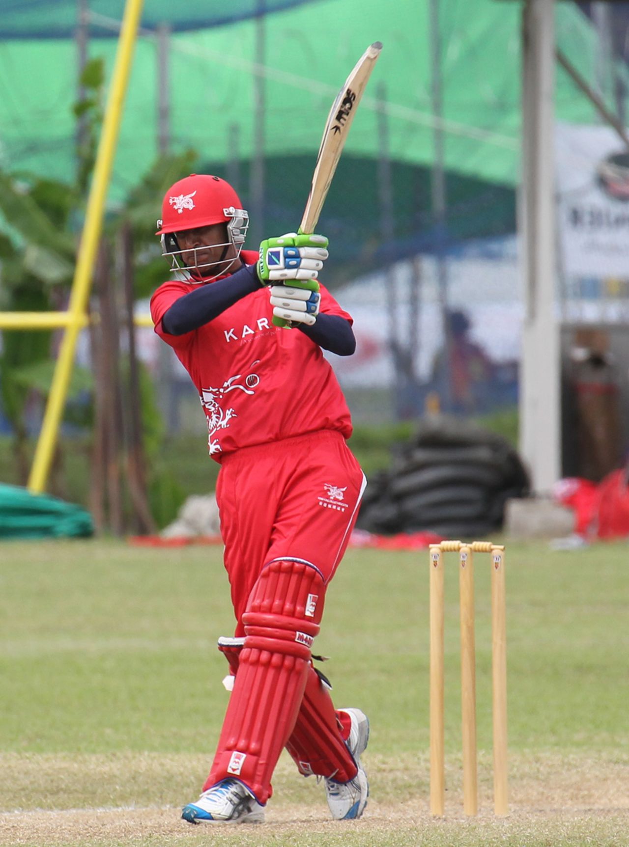 Tanwir Afzal hits another boundary on his way to 53 against PNG in the opening T20 match of the Air Niugini Super Series 2012 in Port Moresby