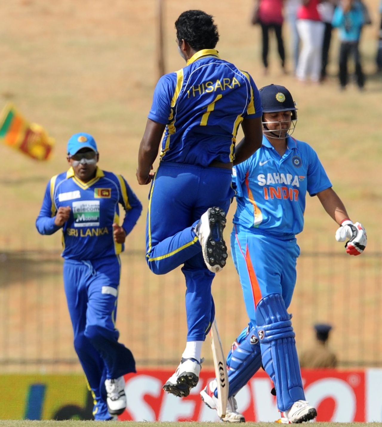 Thisara Perera celebrates the wicket of Suresh Raina, Sri Lanka v India, 2nd ODI Hambantota, July 24, 2012