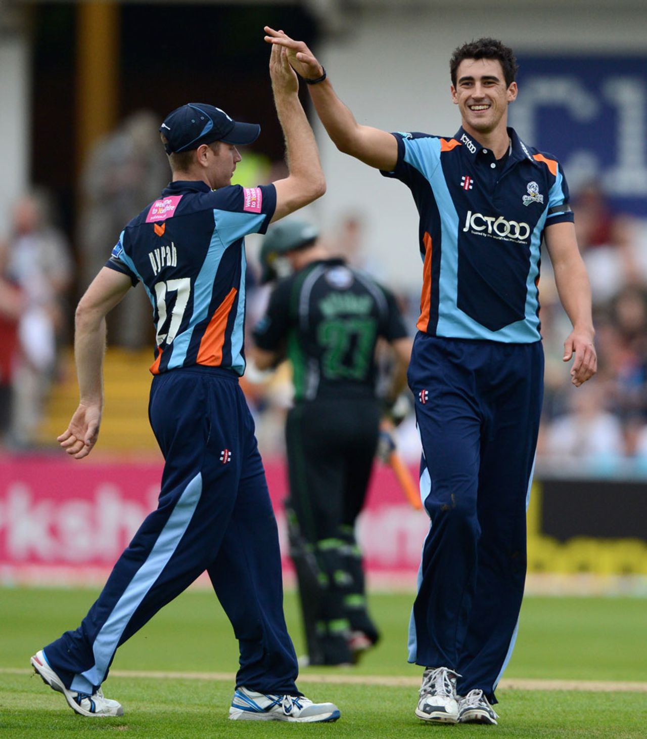 Mitchell Starc celebrates one of his three wickets, Yorkshire v Worcestershire, FLt20 quarter-final, Headingley, July 25, 2012