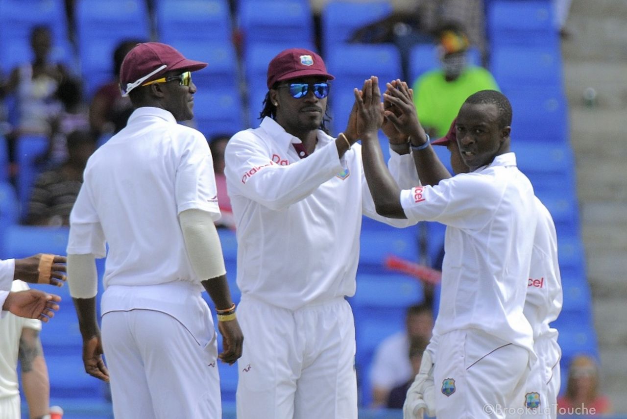 Kemar Roach celebrates dismissing Brendon McCullum, West Indies v New Zealand, 1st Test, Antigua, 1st day, July 25, 2012