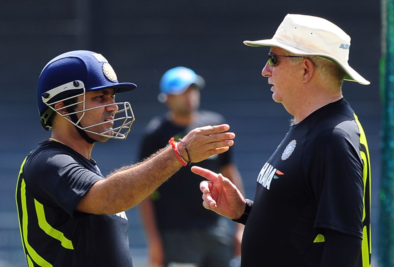 Virender Sehwag in discussion with Duncan Fletcher at a training session, Colombo, July 26, 2012
