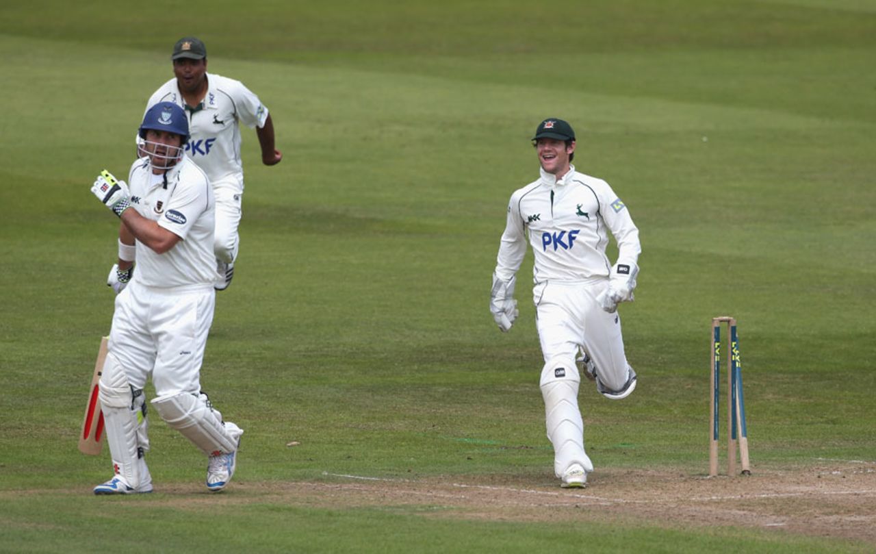 Michael Yardy is run out by Rikki Wessels, Nottinghamshire v Sussex, County Championship, Trent Bridge, 1st day, July, 27, 2012