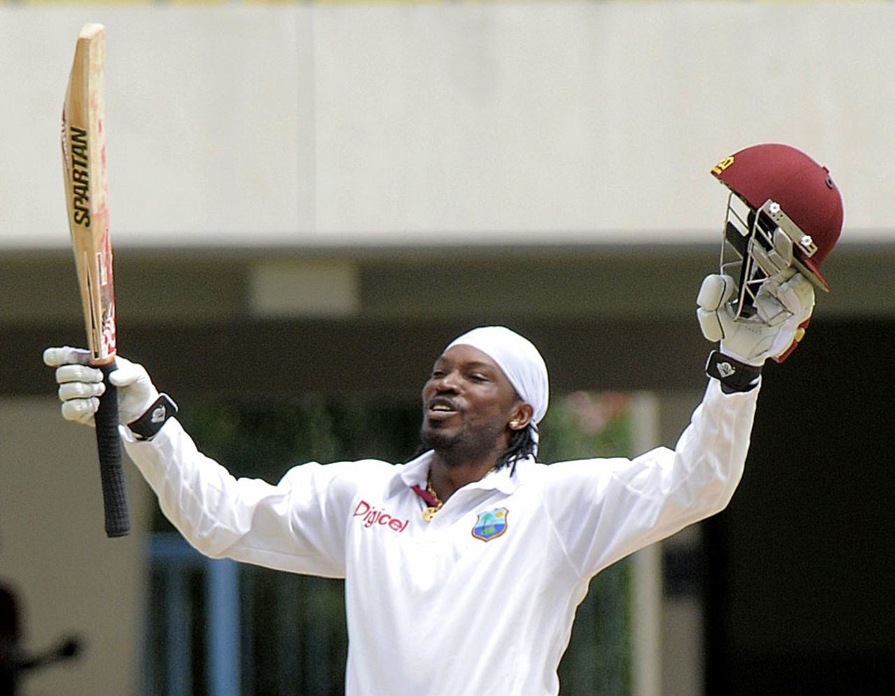 Chris Gayle celebrates his comeback century, West Indies v New Zealand, 1st Test, Antigua, 3rd day, July 27, 2012