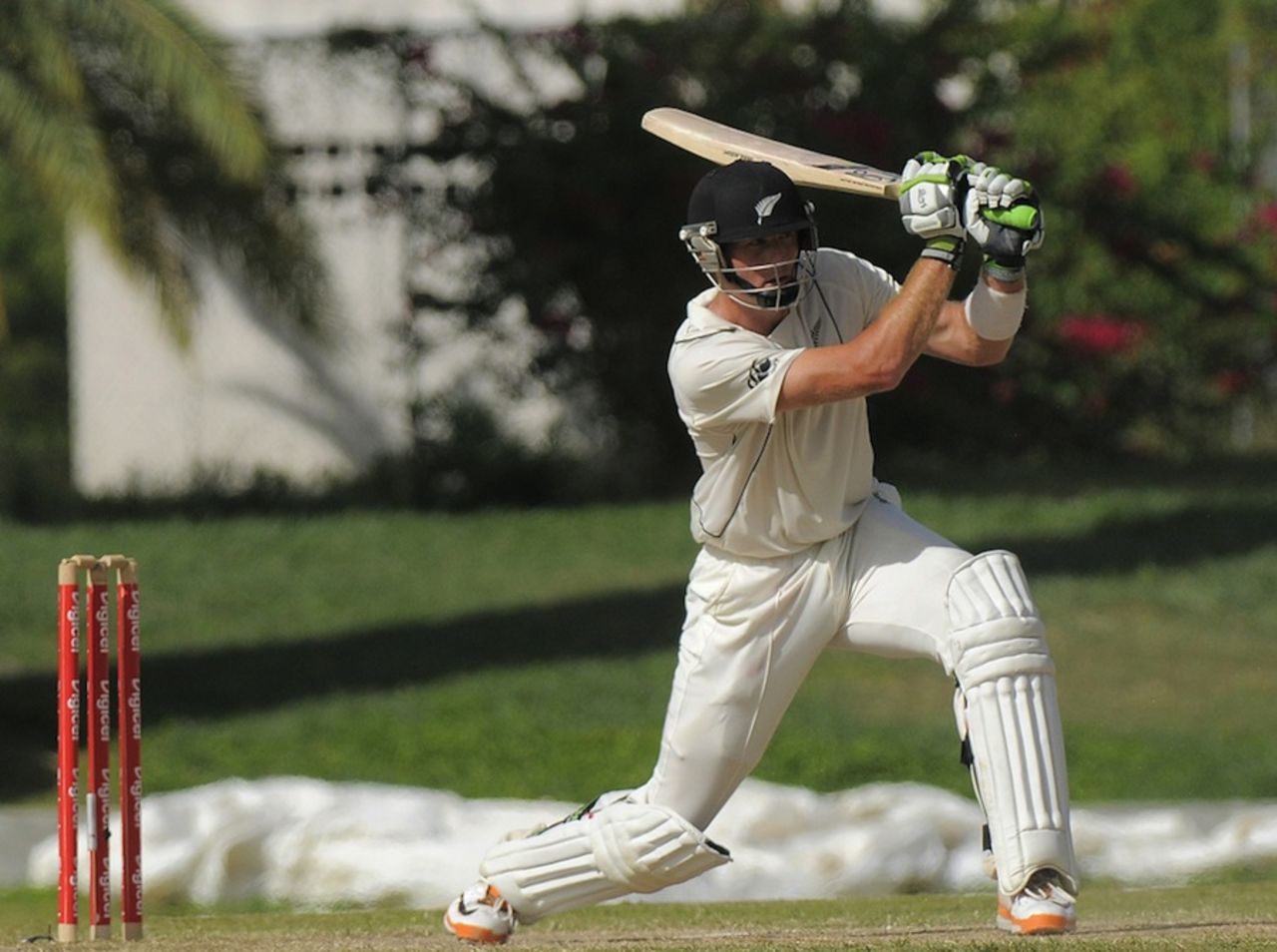Martin Guptill drives during his half-century, West Indies v New Zealand, 1st Test, Antigua, 4th day, July 28, 2012