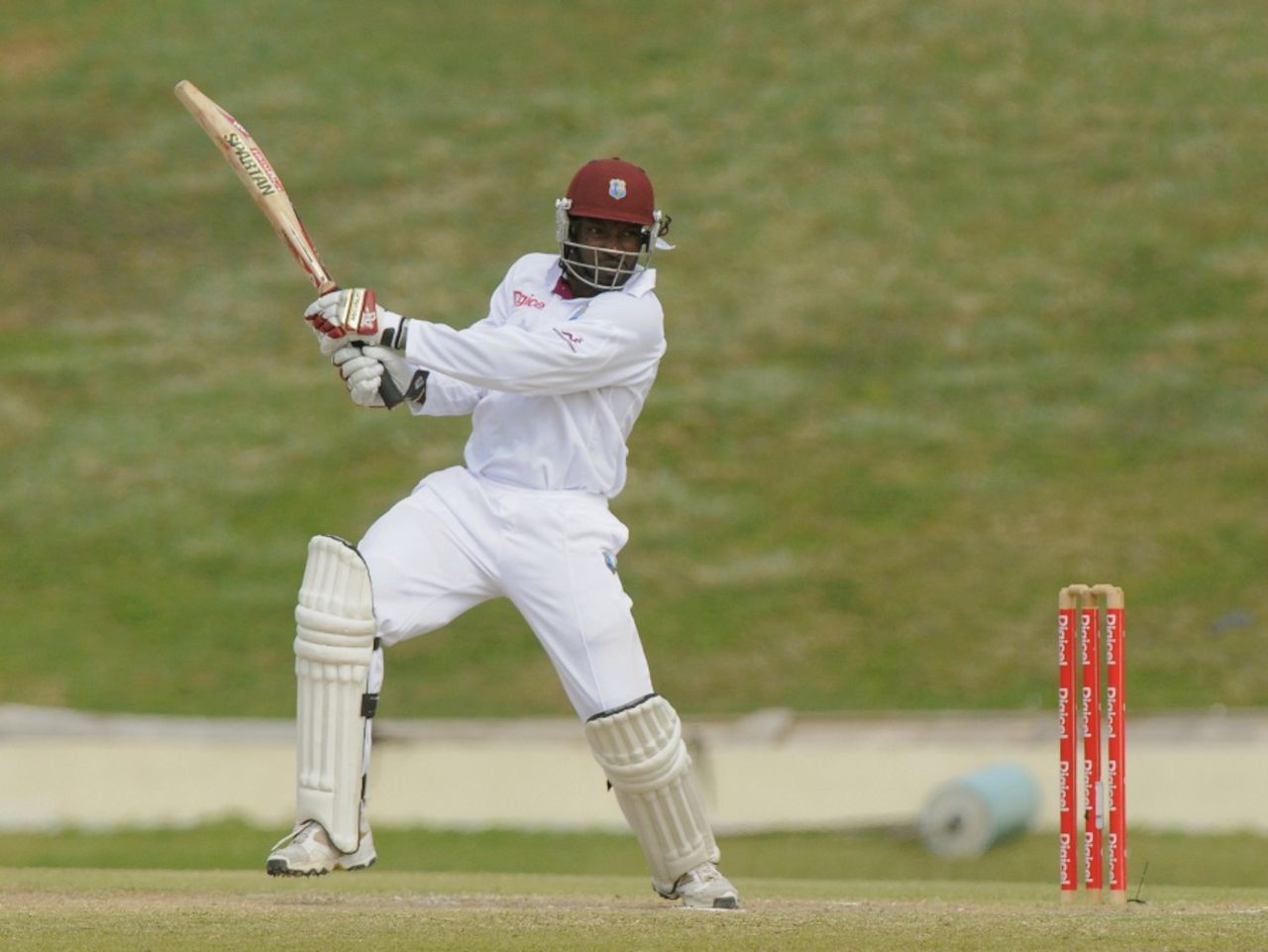 Chris Gayle cuts during his half-century, West Indies v New Zealand, 1st Test, Antigua, 5th day, July 29, 2012