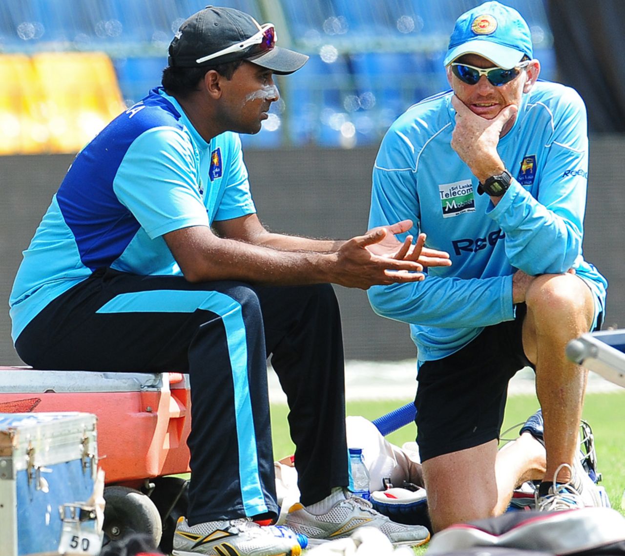 Mahela Jayawardene with coach Graham Ford ahead of the fourth ODI in Colombo, July 30, 2012