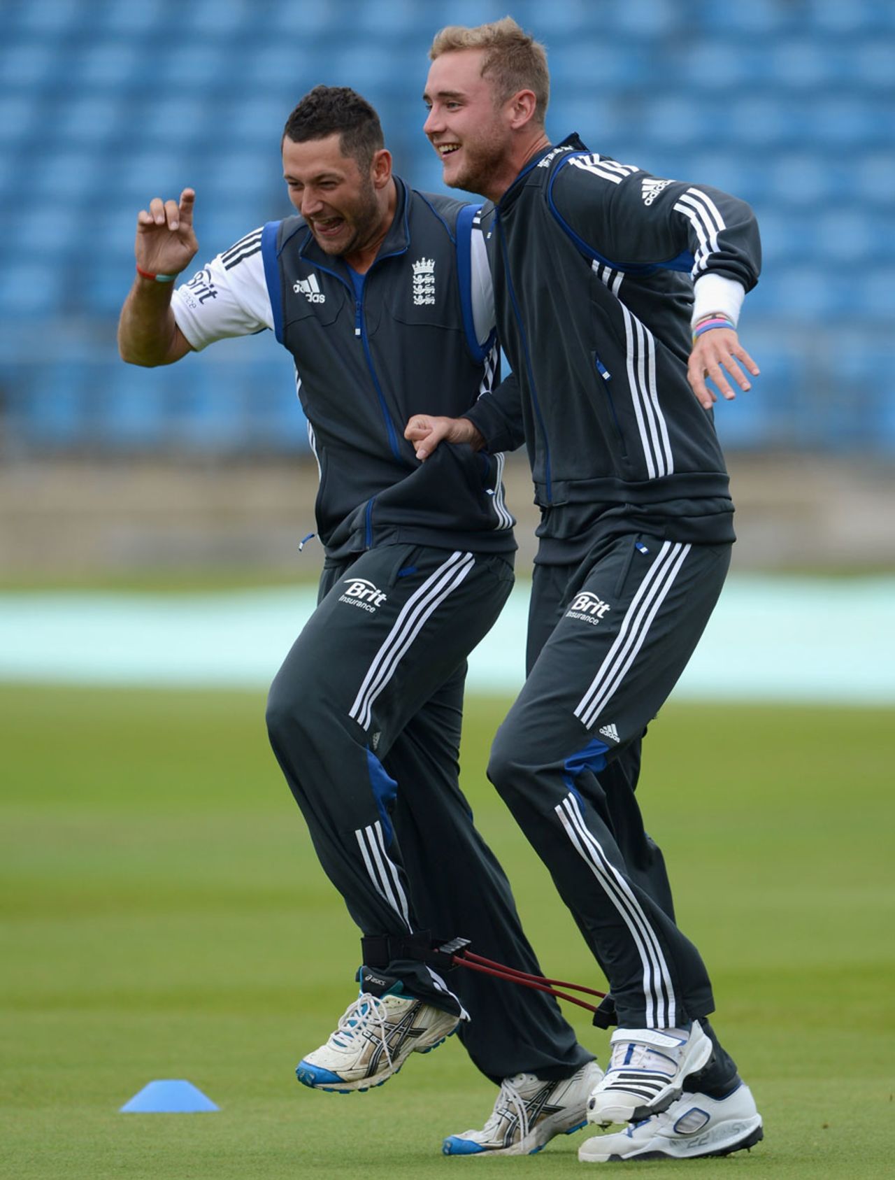 Tim Bresnan and Stuart Broad are tied together during a training exercise, Headingley, August 1, 2012
