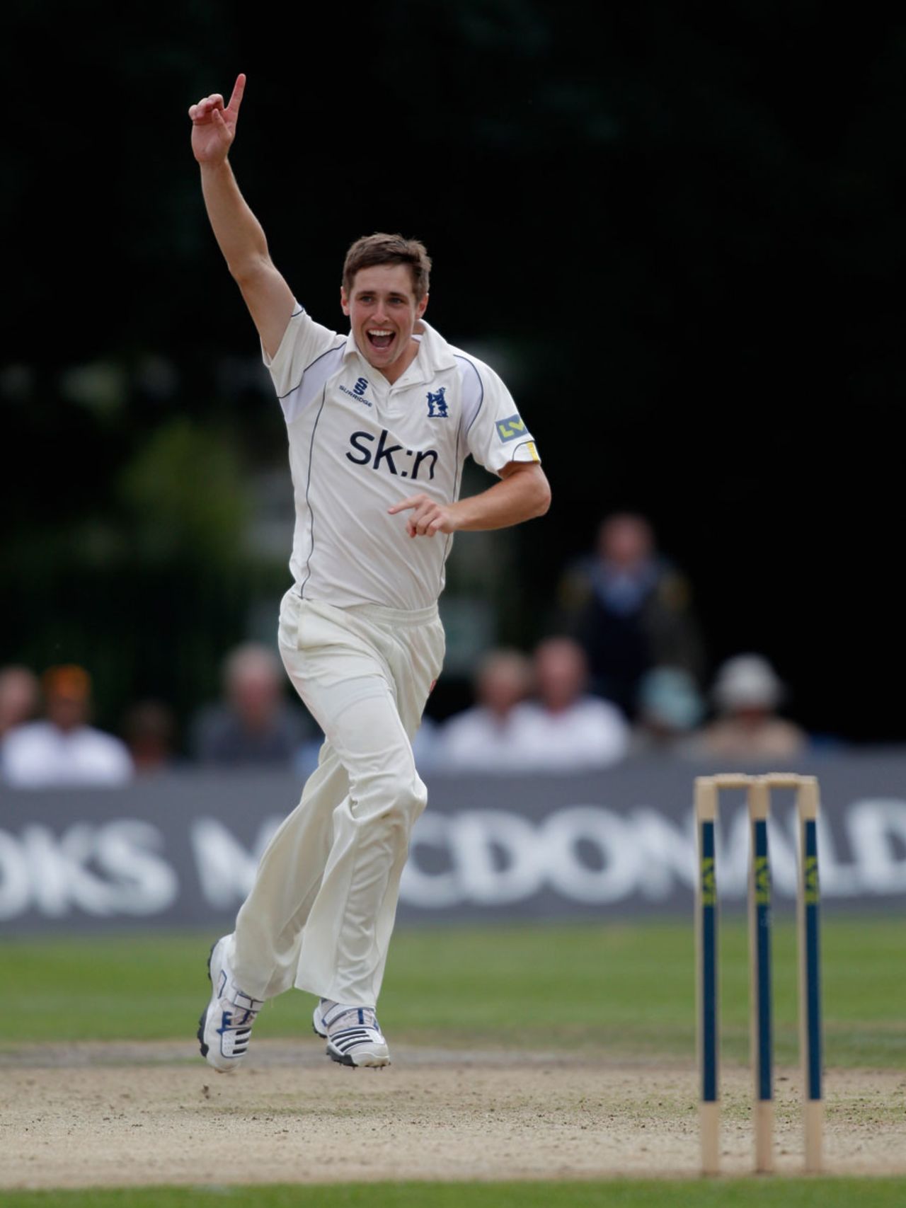 Chris Woakes celebrates taking a wicket, County Championship, Division One, Uxbridge, 1st day, August 1, 2012