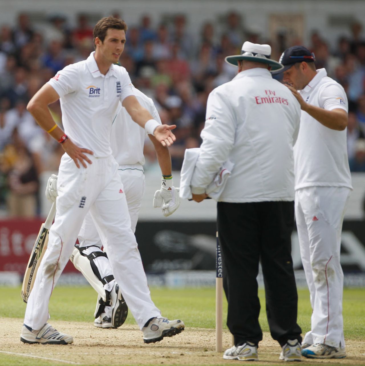 Steven Finn's regular hitting of the non-striker's stumps caused problems, England v South Africa, 2nd Investec Test, Headingley, 1st day, August 2, 2012