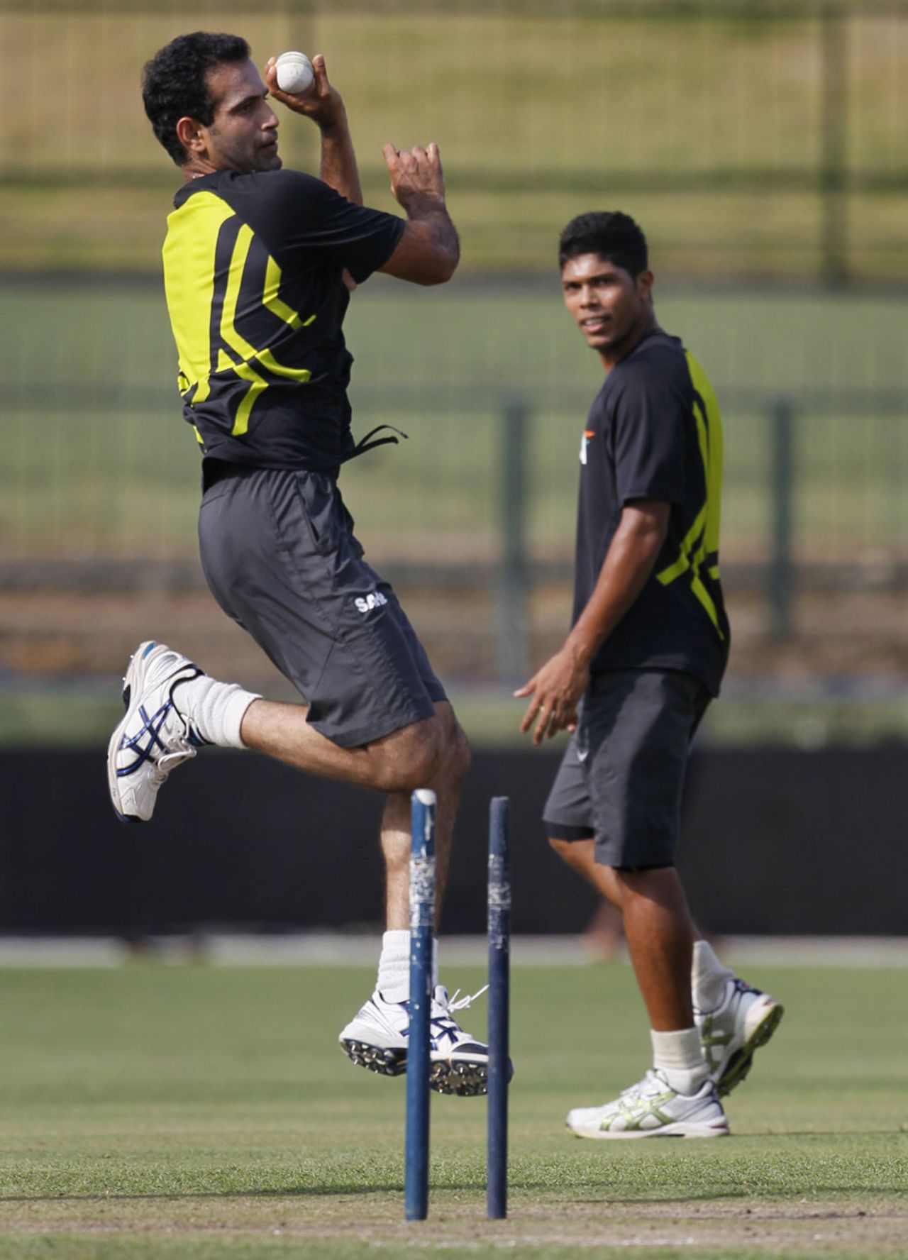 Irfan Pathan bowls in a training session ahead of the Twenty20 game against Sri Lanka on Tuesday, Pallekele, August 6, 2012