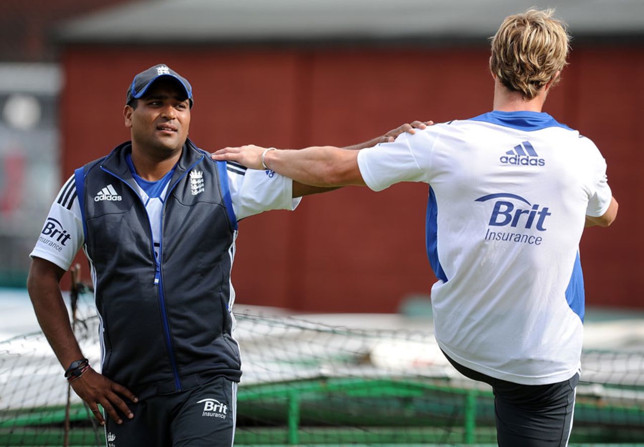 Samit Patel and Nick Compton engage in a stretching exercise, Old Trafford, August 6, 2012