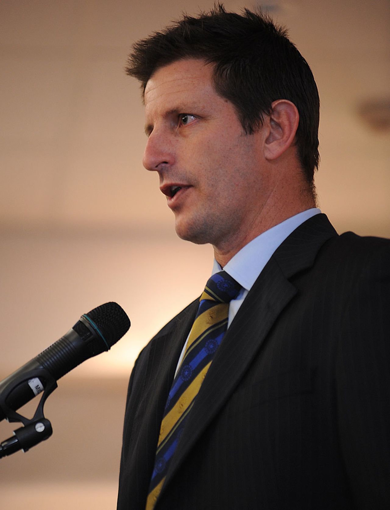 Michael Kasprowicz speaks during the launch of the Under-19 World Cup, Brisbane, August 6, 2012