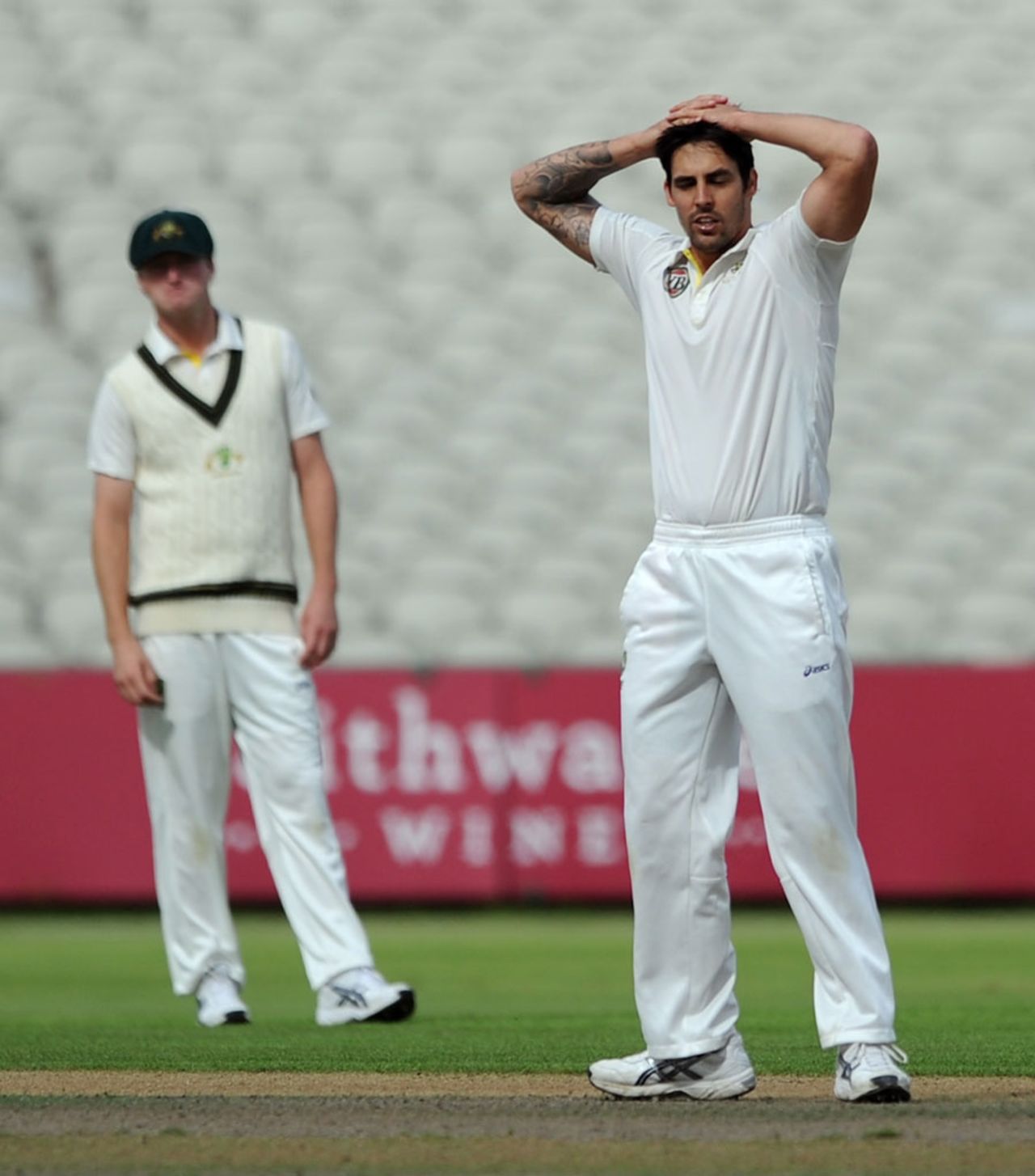 There were wickets as well as occasional frustration for Mitchell Johnson, England Lions v Australia A, 1st unofficial Test, Old Trafford, 1st day, August 7, 2012