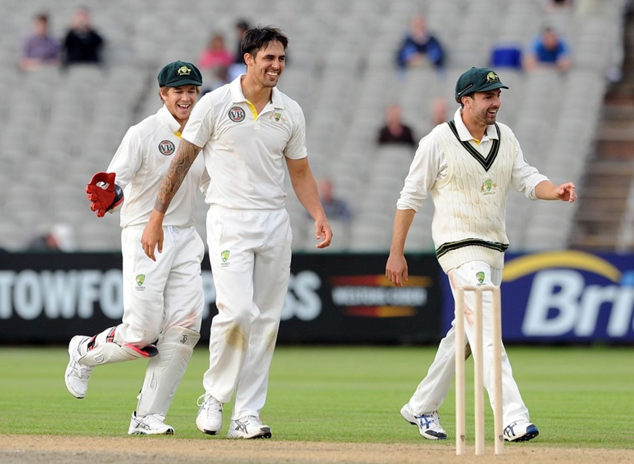 Mitchell Johnson after taking a wicket, England Lions v Australia A, 1st unofficial Test, Old Trafford, 1st day, August 7, 2012