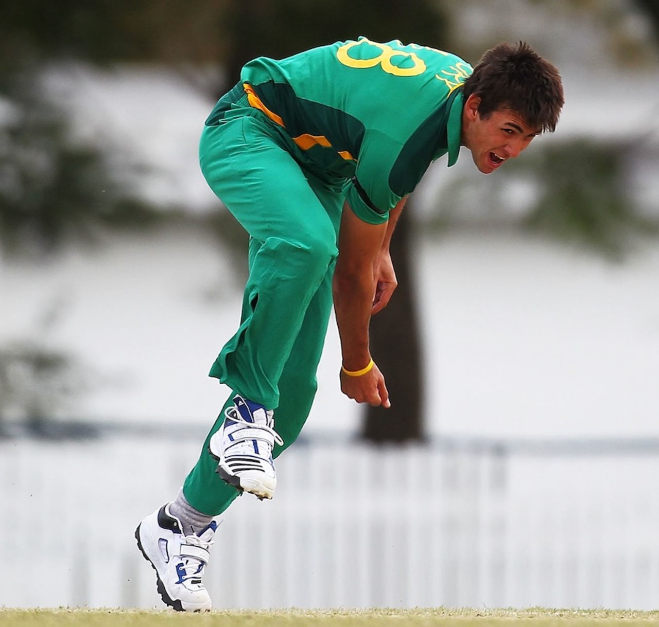Corne Dry in his follow-through, South Africa v Bangladesh, Group D, ICC Under-19 World Cup 2012, Brisbane, August 12, 2012