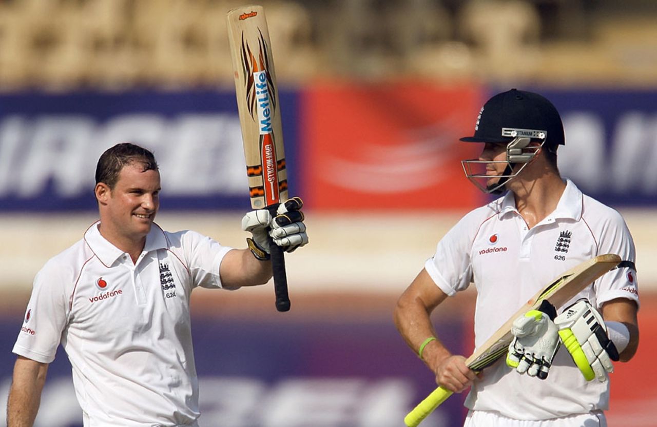 Andrew Strauss celebrates his hundred with Kevin Pietersen, India v England, 1st Test, Chennai, December 11, 2008