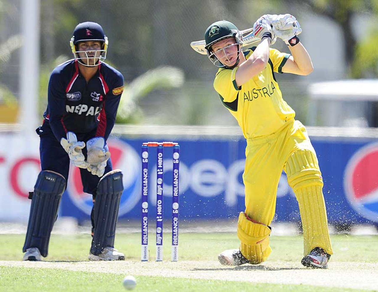 Cameron Bancroft hits one through the off side, Australia v Nepal, Group A, ICC Under-19 World Cup 2012, Townsville, August 13, 2012
