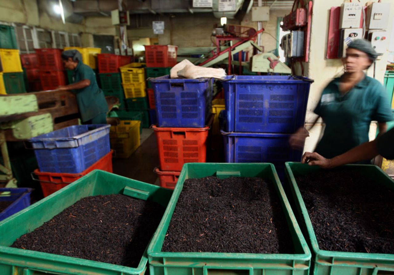 Workers arrange dry tea leaves at the Geragama tea factory, Kandy, June 8, 2012