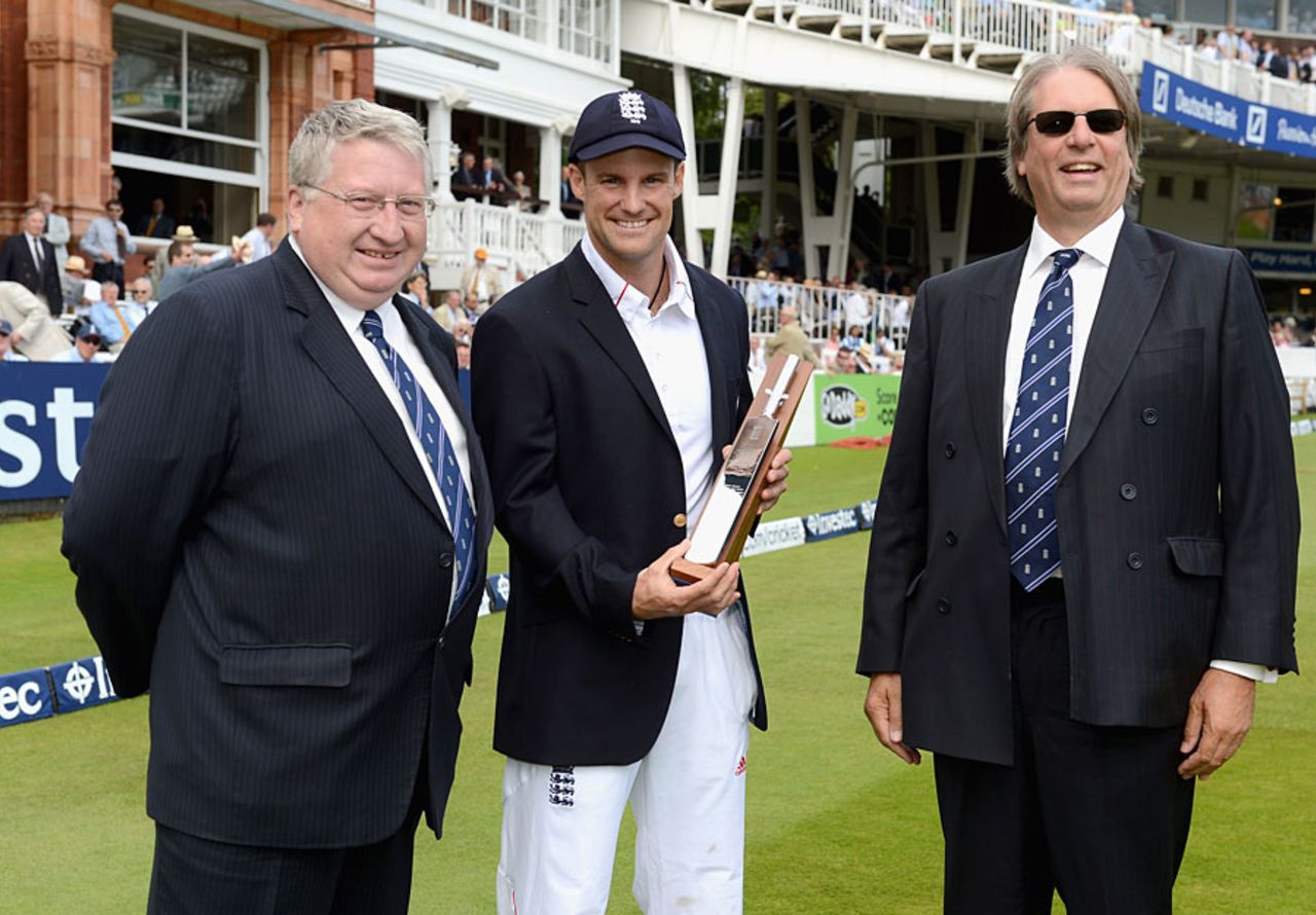 Andrew Strauss was presented with mementos of his 100th Test by David Collier and Giles Clarke , England v South Africa, 3rd Investec Test, Lord's, 1st day, August 16, 2012