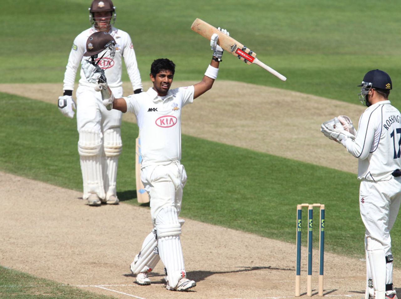 Arun Harinath celebrates reaching his maiden first-class hundred, Surrey v Middlesex, County Championship, Division One, 3rd day, August 17, 2012