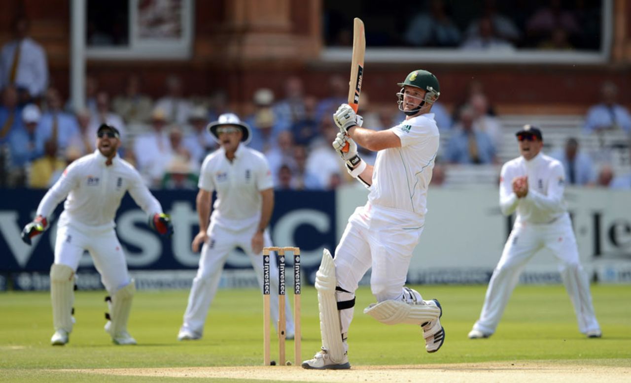 England's fielders get excited as Graeme Smith top-edges a pull shot, England v South Africa, 3rd Investec Test, Lord's, 3rd day, August 18, 2012