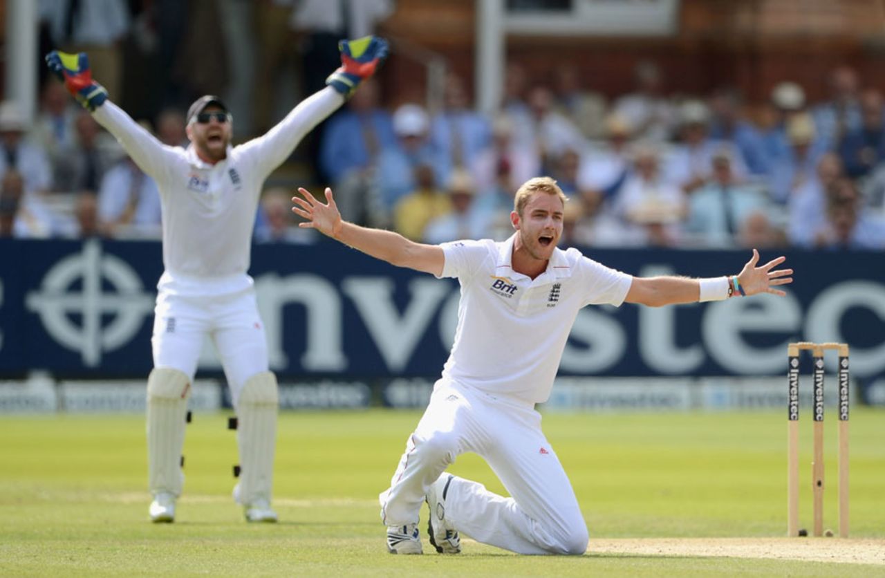 Stuart Broad goes down on his knees to appeal for a wicket, England v South Africa, 3rd Investec Test, Lord's, 3rd day, August 18, 2012