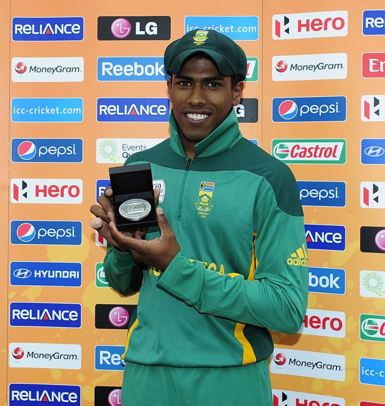 Prenelan Subrayen was adjudged the man of the match for his spell of 4 for 24, England v South Africa, quarter-final, ICC Under-19 World Cup 2012, Townsville, August 19, 2012