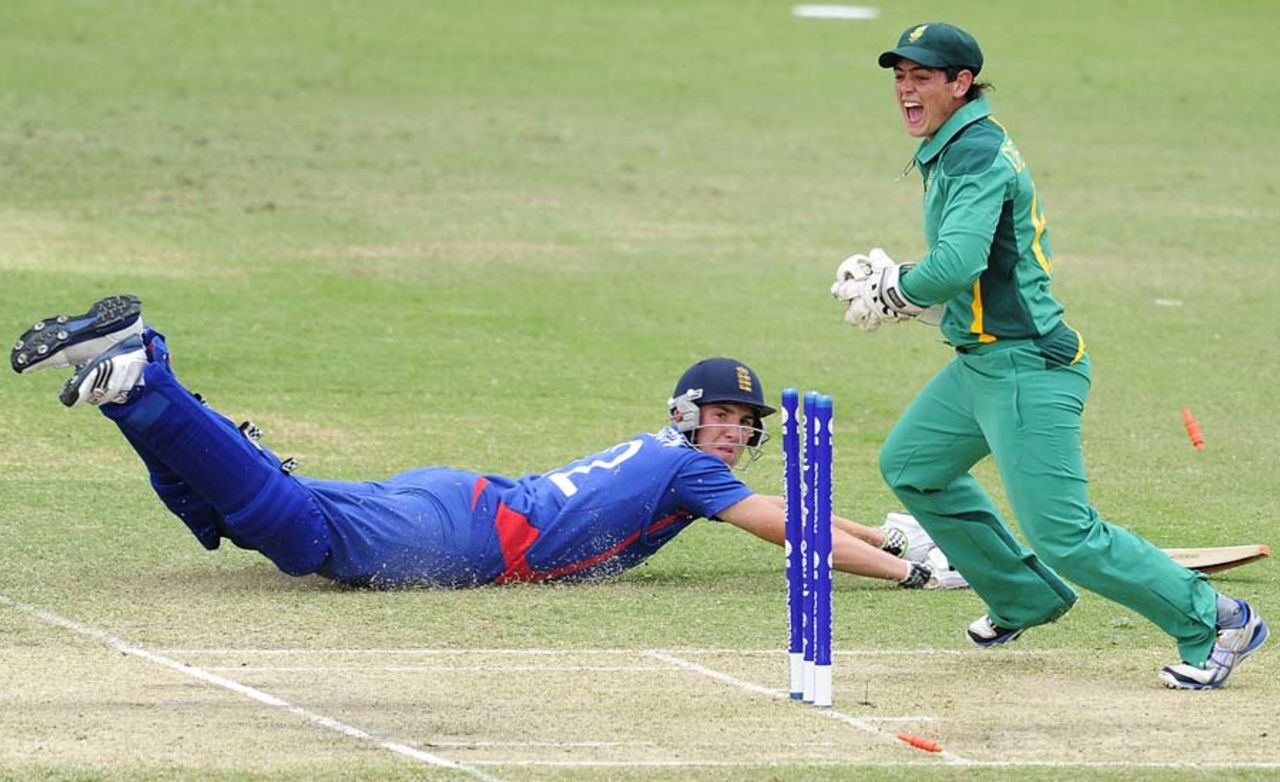 South Africa's Quinton de Kock celebrates after running out Craig Overton, England v South Africa, quarter-final, ICC Under-19 World Cup 2012, Townsville, August 19, 2012