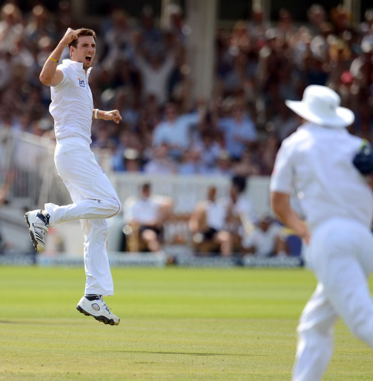 Steven Finn leaps in celebration of having AB de Villiers caught at slip, England v South Africa, 3rd Investec Test, Lord's, 4th day, August 19, 2012