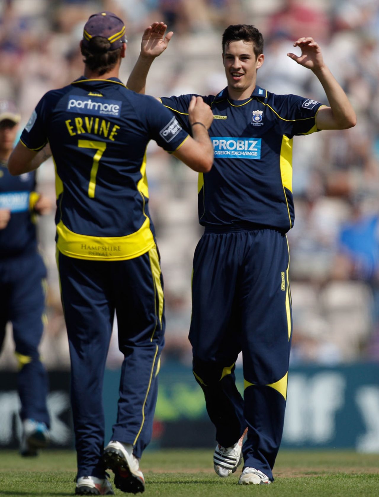 Chris Wood celebrates a wicket with Sean Ervine, Hampshire v Surrey, CB40 Group C, West End, August 19, 2012