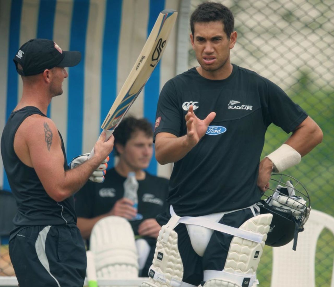 Ross Taylor with Kruger van Wyk at a training session ahead of the first Test against India, Hyderabad, August 20, 2012