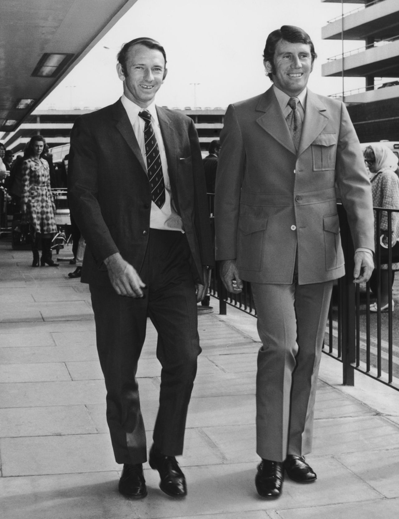 Doug Walters and Ian Chappell arrive at London airport from West Indies, April 18, 1972