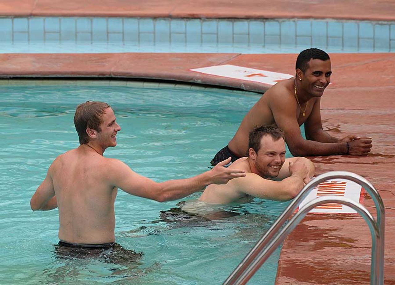 New Zealand players have fun at the swimming pool, Hyderabad, August 21, 2012
