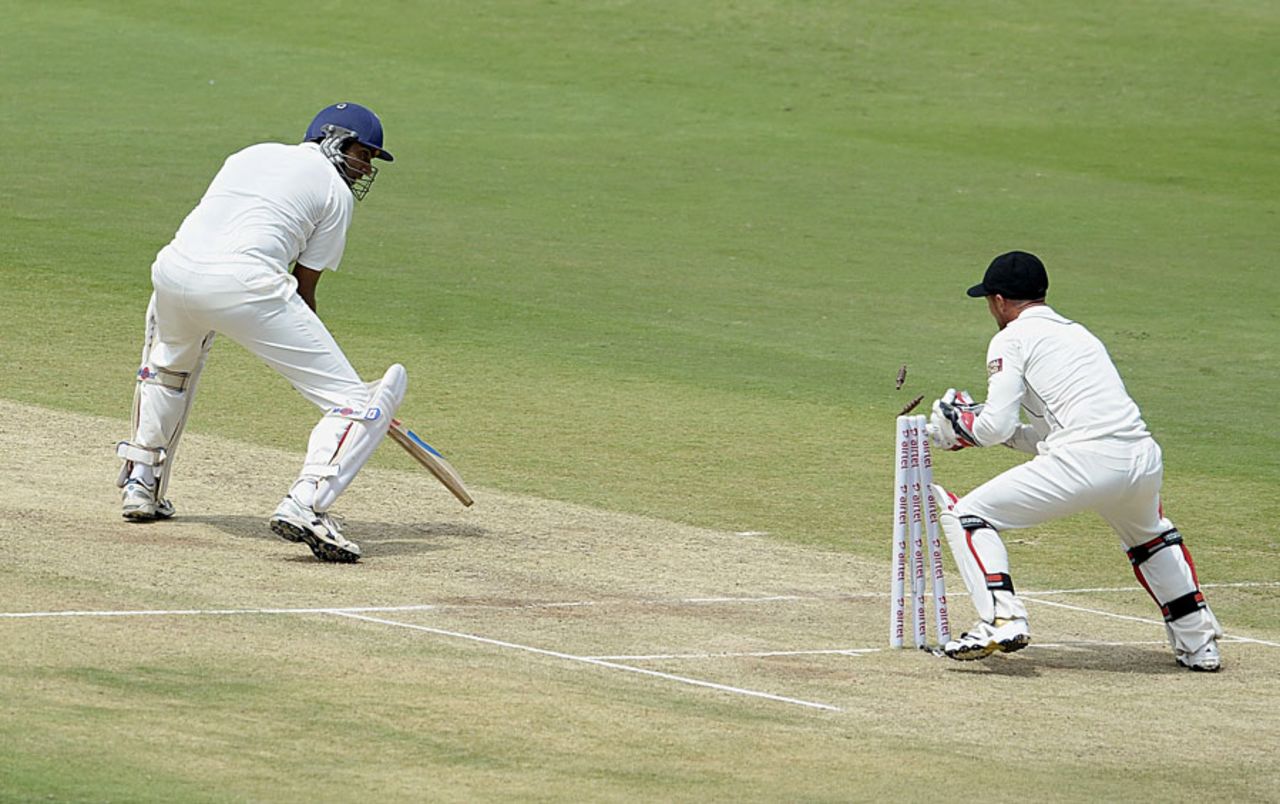 Kruger van Wyk stumps R Ashwin, India v New Zealand, 1st Test, Hyderabad, 2nd day, August 24, 2012