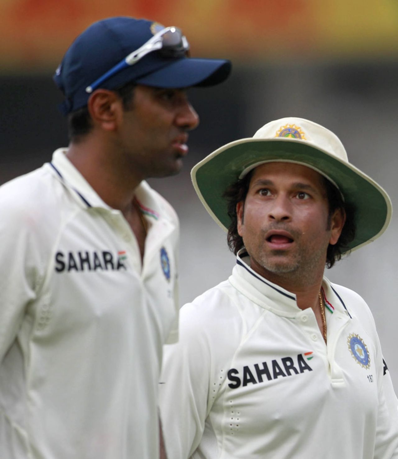 R Ashwin and Sachin Tendulkar walk off the ground after the second day's play, India v New Zealand, 1st Test, Hyderabad, 2nd day, August 24, 2012