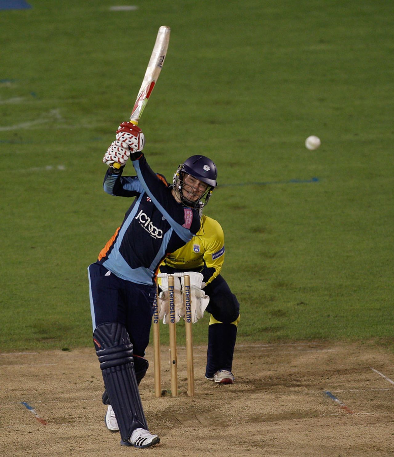 David Miller launches down the ground during his late-innings charge, Yorkshire v Hampshire, Friends Life t20 final, August 25, 2012